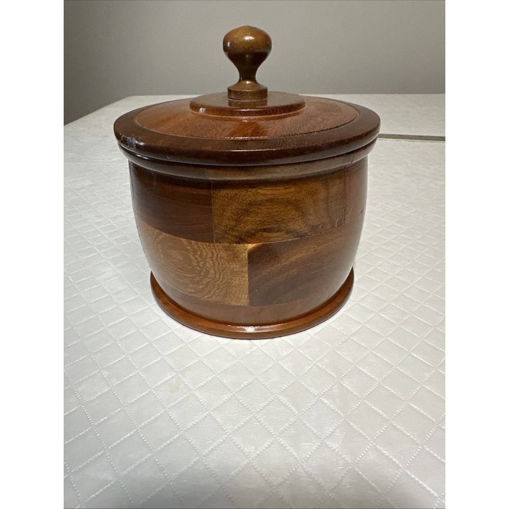 Vintage Hand Turned Inlay Wooden Trinket Box with Lid 4" H x 5" W‎ Contempory
